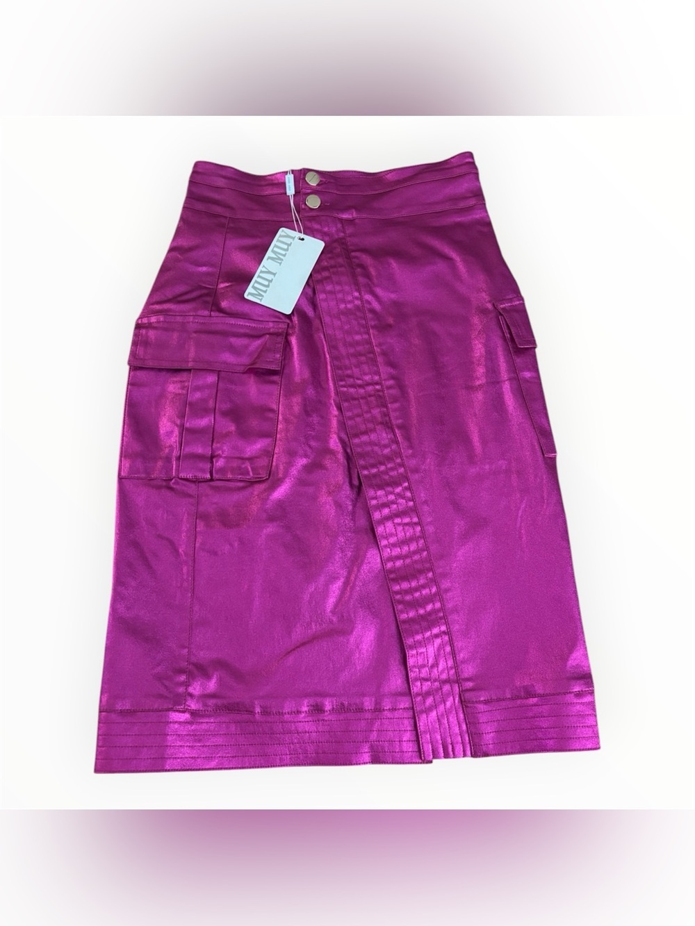NWT MUY MUY Metallic Fuchsia Pink Cargo Midi Skirt w/ Two Way Zip | Size M